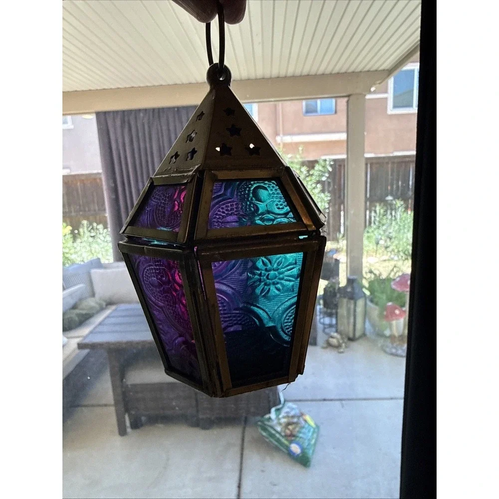 Lantern Candle Holder - Multicolor Color Glass, Metal UNSIGNED Witchy Incense - Picture 2 of 5